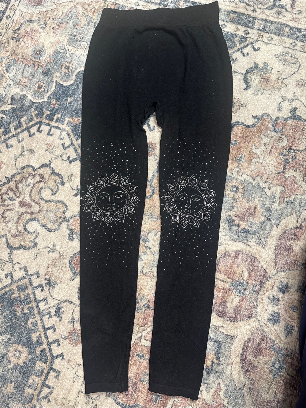 Black Sun Motif Rhinestone Leggings